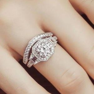 Sterling Silver Round CZ Art Deco Halo Ring Set 2.